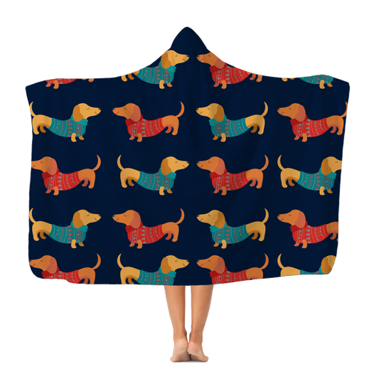 Kids & Adults Navy Hooded Blanket with a pattern of Dachshund Dogs wearing Jumpers