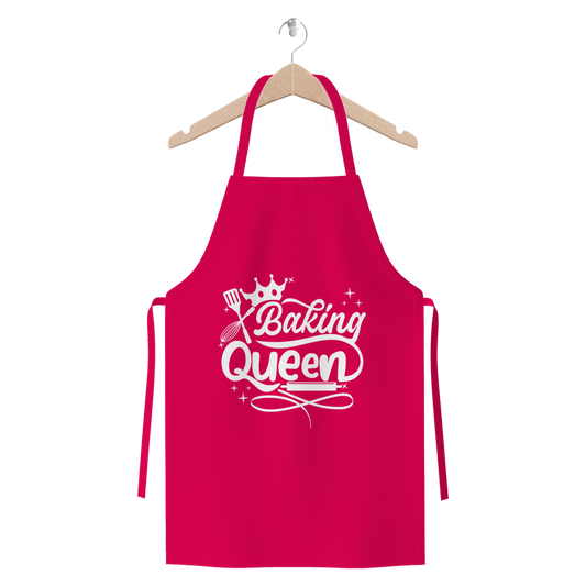 A pink apron with the printed words "baking queen"