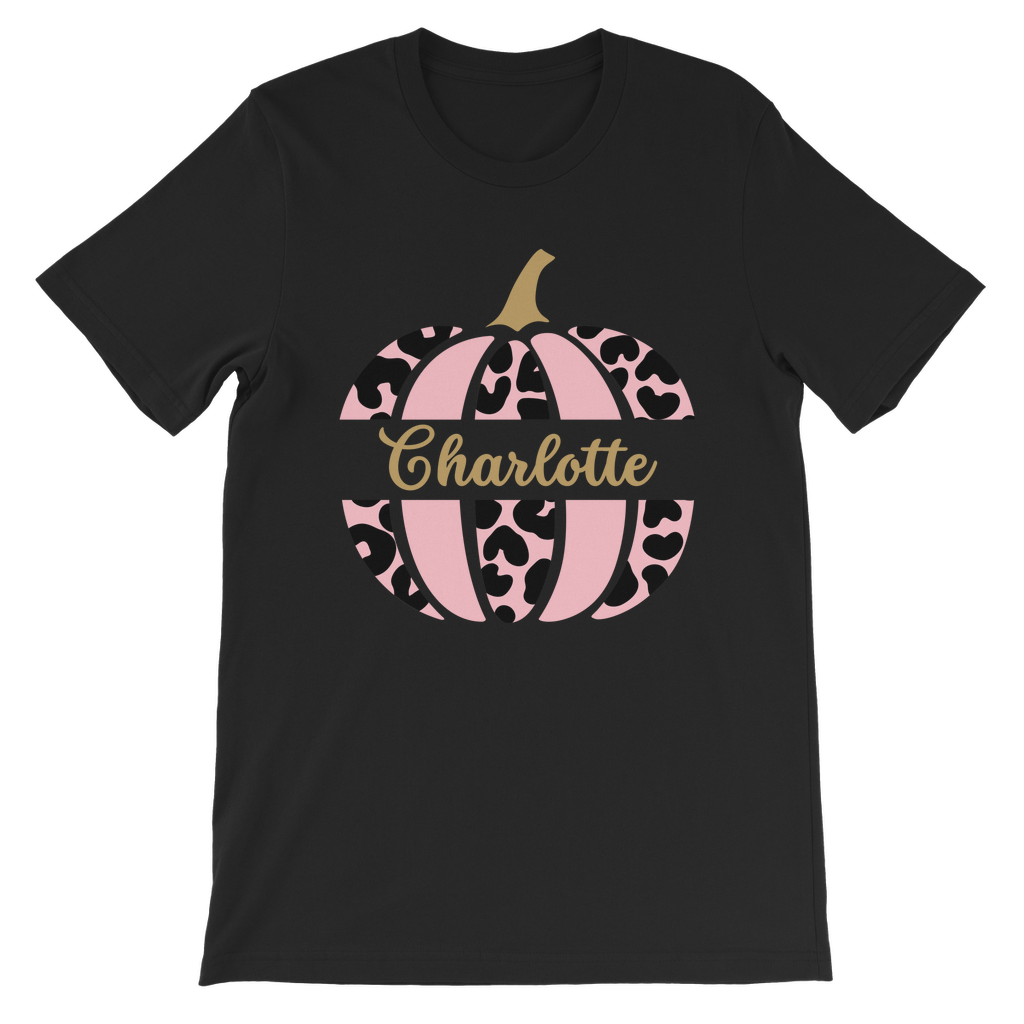 Pink and leopard print pumpkin with custom name halloween t-shirt