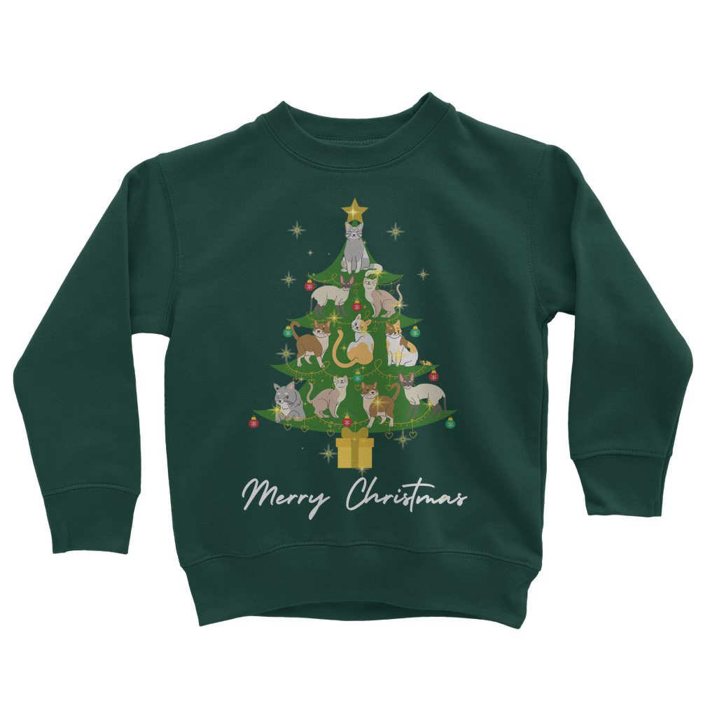 Kids Cat Christmas Tree Sweatshirt - Dark Green