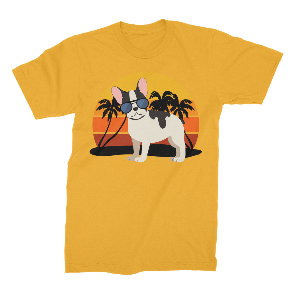 Men's 'Cool French Bulldog' wearing sunglasses Short Sleeved Cotton Yellow  T-shirt