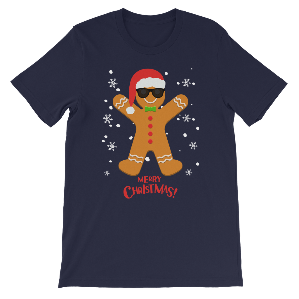 Blue t-shirt with cartoon gingerbread man wearing sun glasses and a Christmas hat