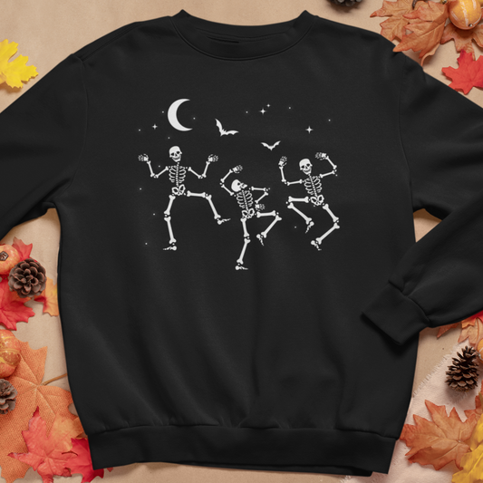  A black sweatshirt with a printed design of dancing skeletons