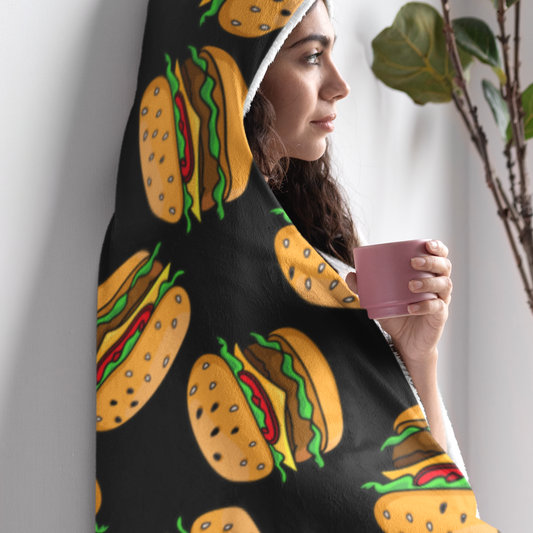 Burger, Fast Food, Take away Lovers Gifts -Burger Pattern Hooded Blanket
