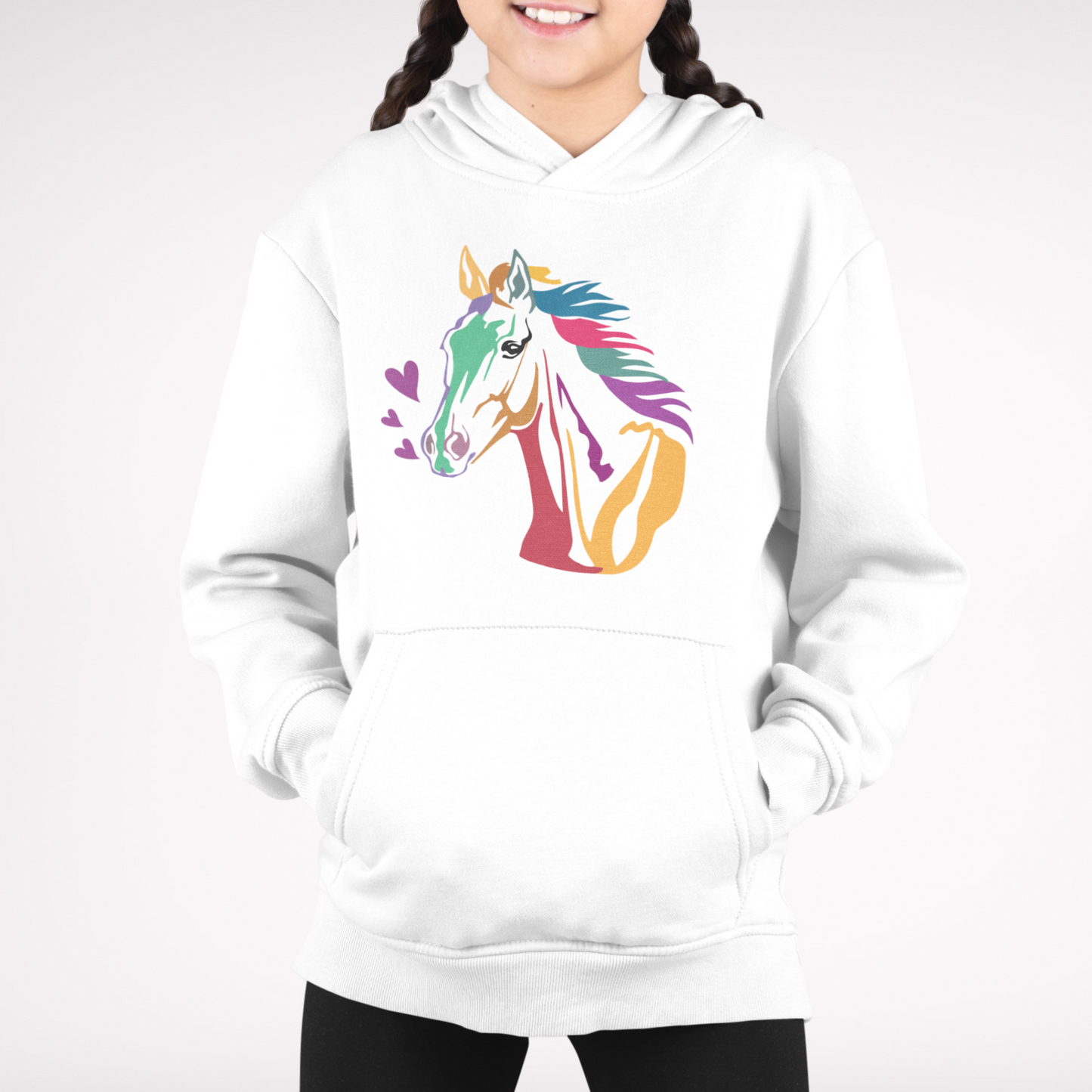 Colourful Horse and Hearts - Girls Pullover Hoodie | 3 - 13 years