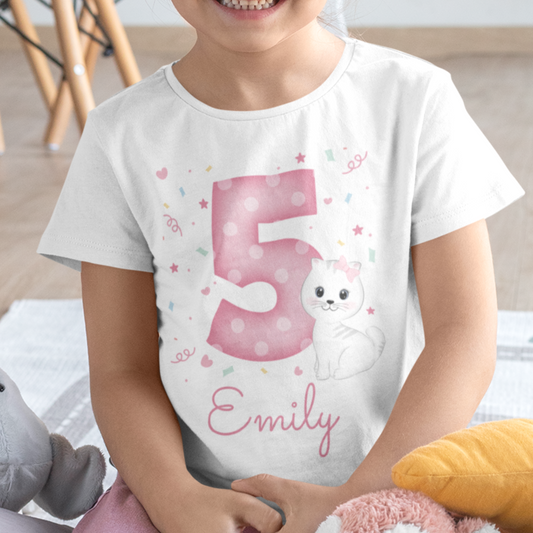 Girls Personalised Birthday Cat T-shirt for a five year old