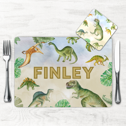 Dinosaur themed mealtime placemat and coaster