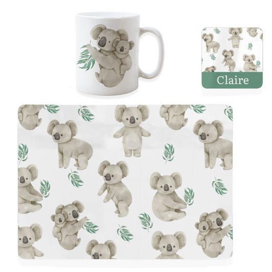 Koala Gift Set. Placemat, Mug and Personalised Coaster