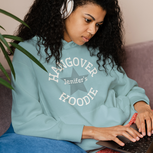 Young Lady wears Peppermint coloured personalised Hangover Hoodie 