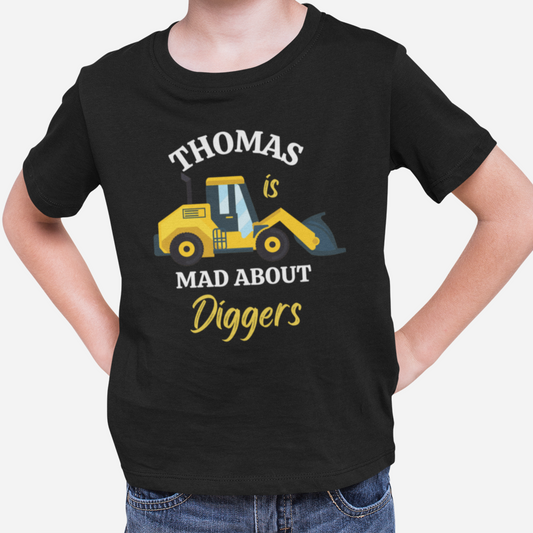 Black t-shirt with boy's name, a yellow digger and 'mad about diggers' slogan 