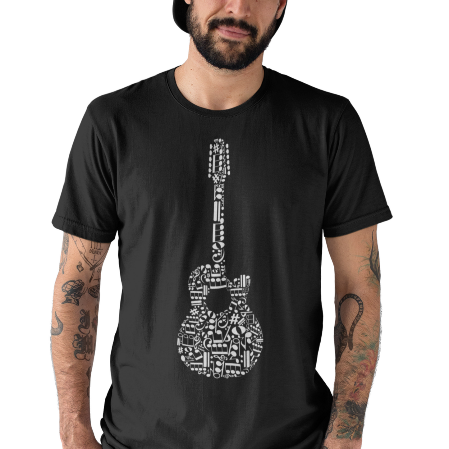 Man wears black cotton short sleeved t-shirt with printed acoustic guitar made up of musical notes.