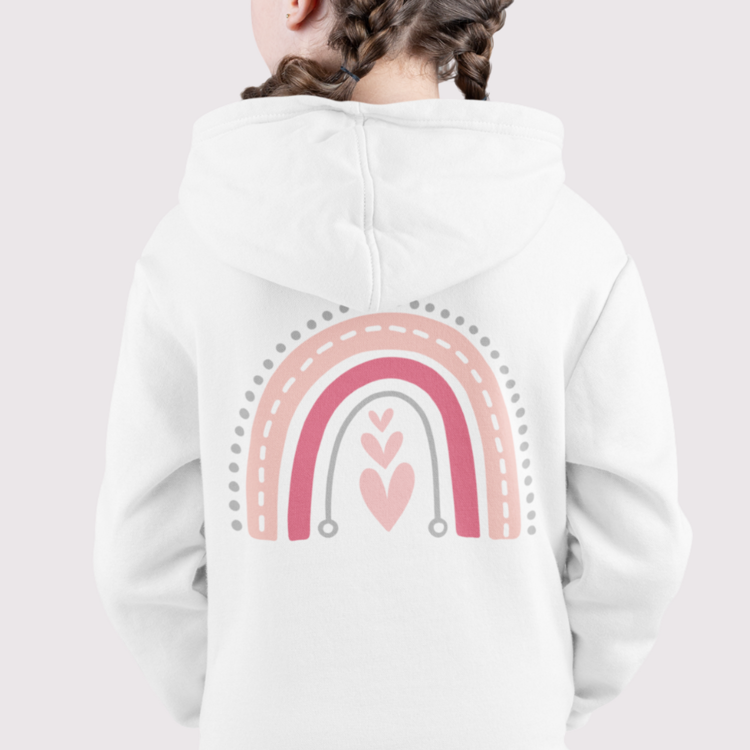 Pink & Grey Boho Rainbow print to Back of Girls White Hoodie