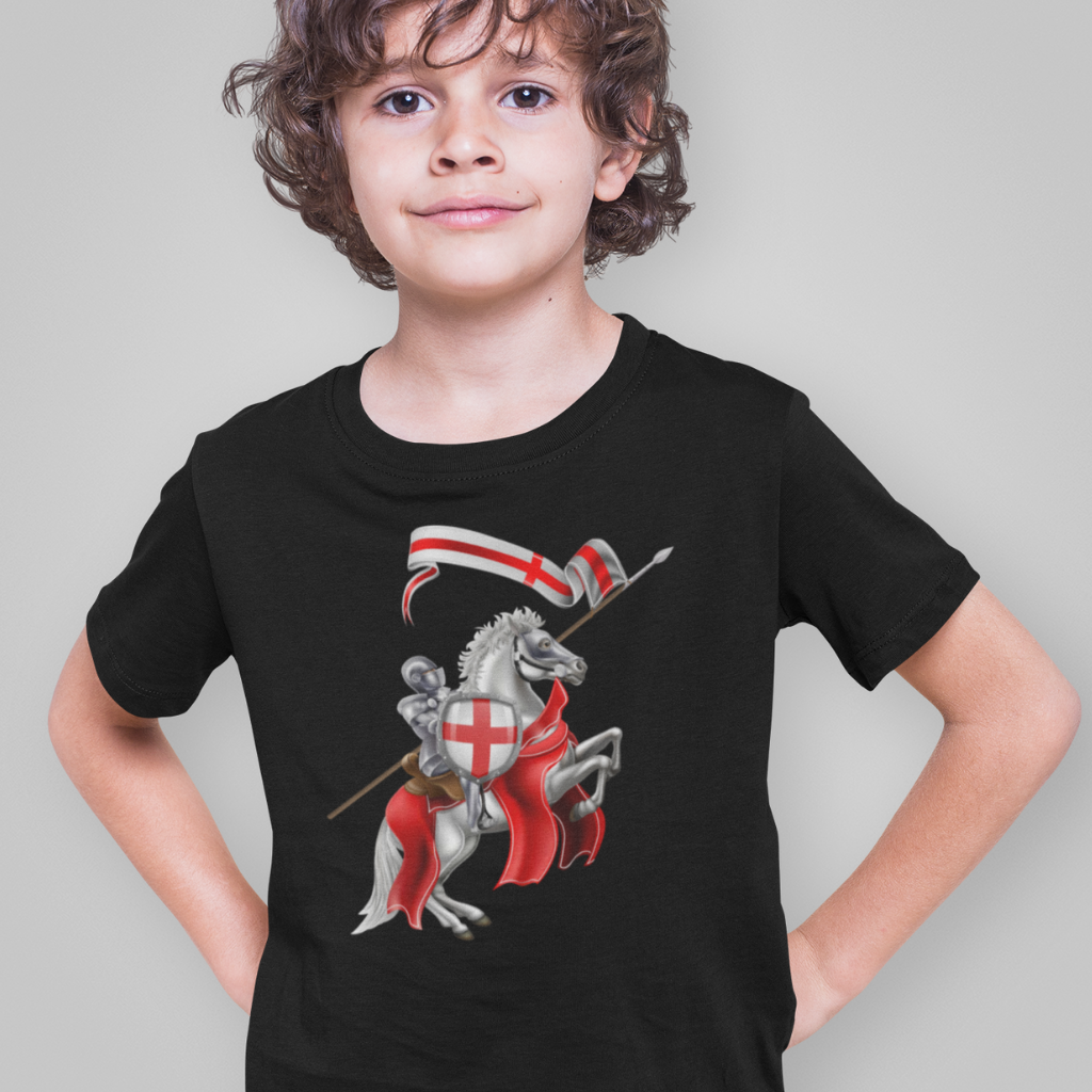 Model wears boys black t-shirt, printed knight on horseback