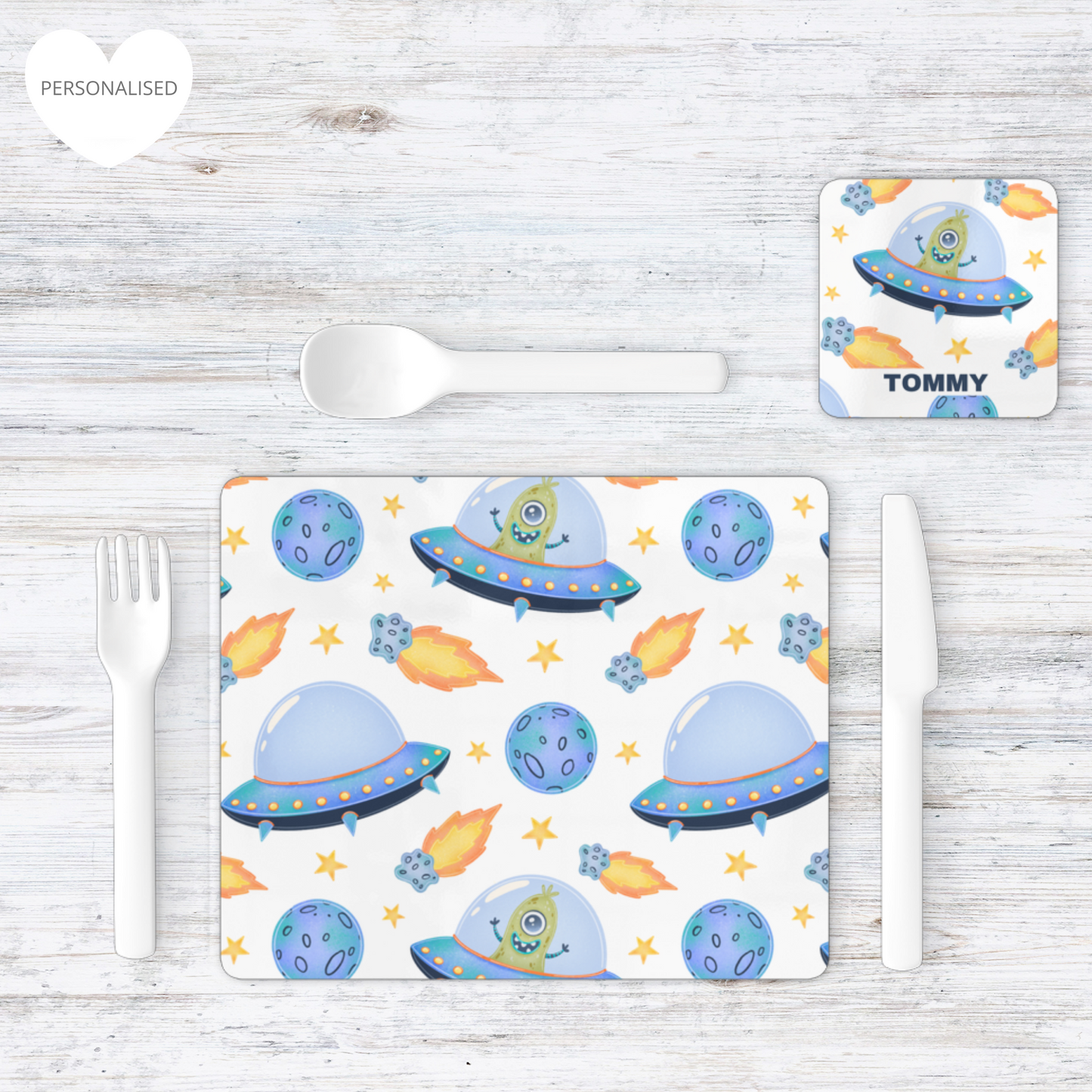 Personalised UFO Kids Placemat & Coaster