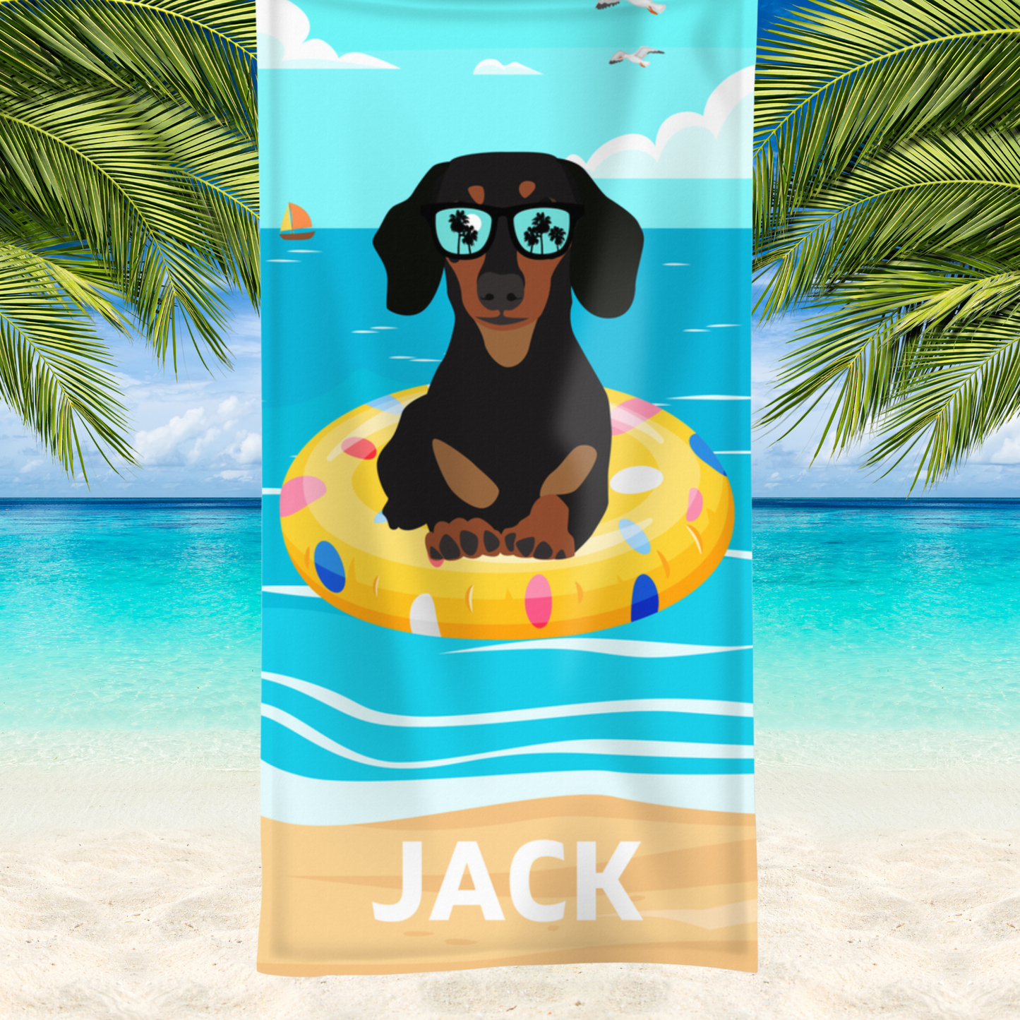 silly Sausage Dog is simply chilling whilst floating on a rubber ring wearing sunglasses, enjoying the the sea and views 