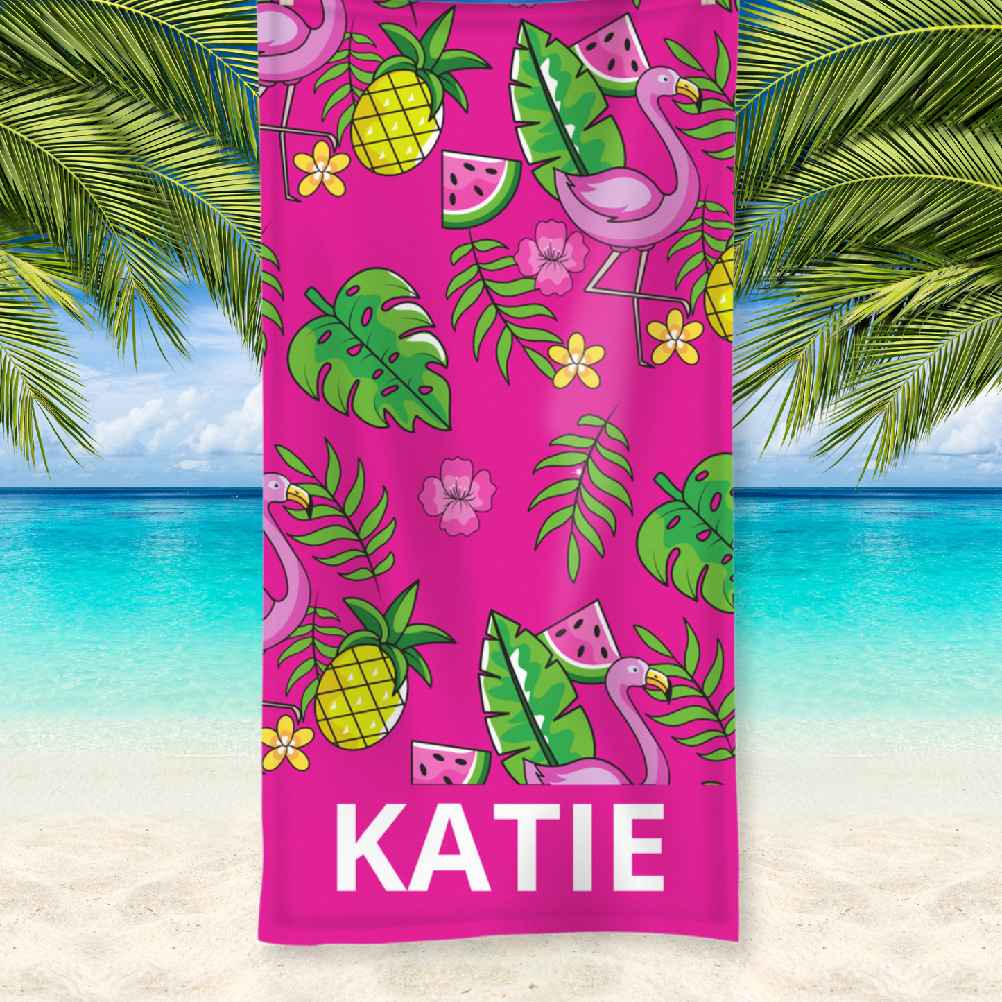 Personalised flamingo beach online towel