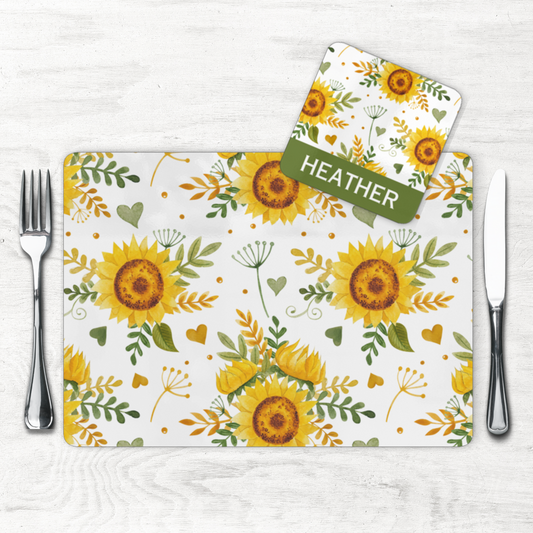 Sunflower Pattern Placemat and Personalised Coaster Set