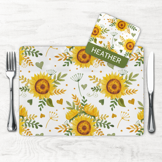 Sunflower Pattern Large Cork-Back Placemat and Personalised Coaster Set