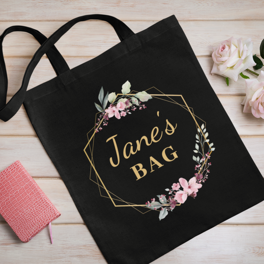 Personalised Gold Hexagon Floral Detail Cotton Tote Bag