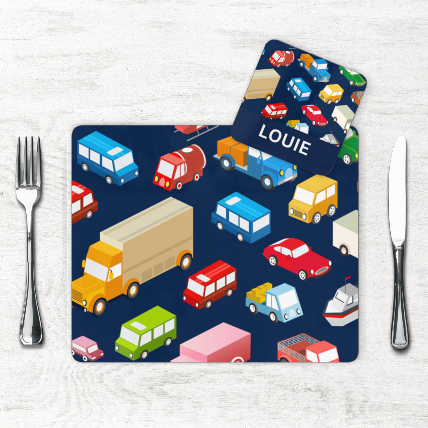 Kids Transport, Lorries & Cars Placemat and Personalised Coaster Set