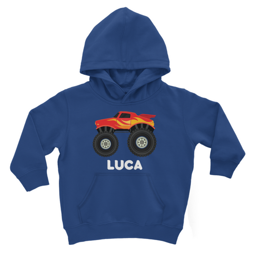 Kids personalised Royal Blue pullover hoodie with printed red & yellow Monster Truck