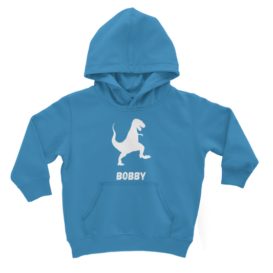 A blue hoodie with a printed dinosaur and personalised name in white