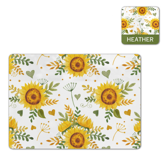 Sunflower Pattern Large Cork-Back Placemat and Personalised Coaster Set