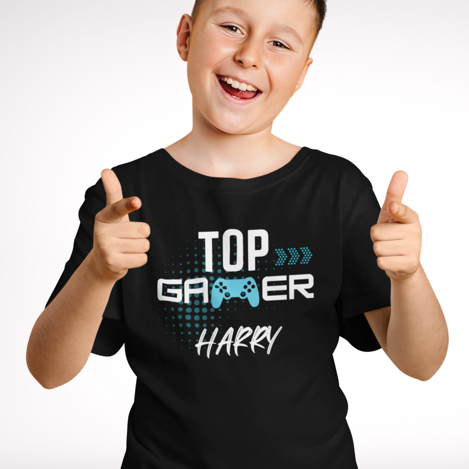 Black t-shirt with 'Top Gamer' slogan and child's name beneath