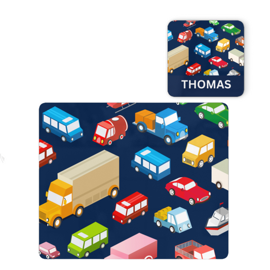 Kids Transport, Lorries & Cars Placemat and Personalised Coaster Set