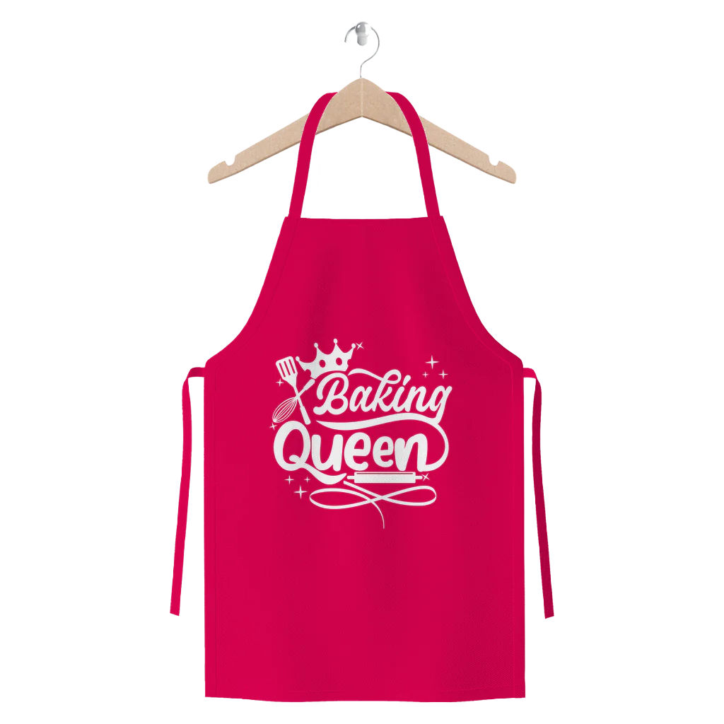 A pink apron with the printed words "baking queen"