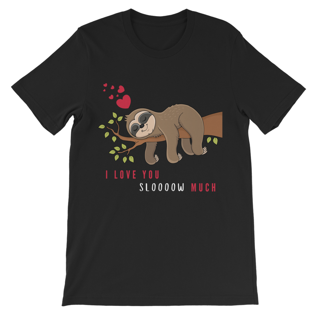 Kids black t-shirt printed sloth laying slumped on a tree  'I love you sloooow much'