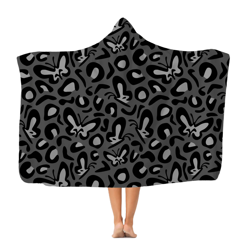 Black Grey Leopard Print Butterfly Hooded Blanket Peachy Finders UK PeachyFinders