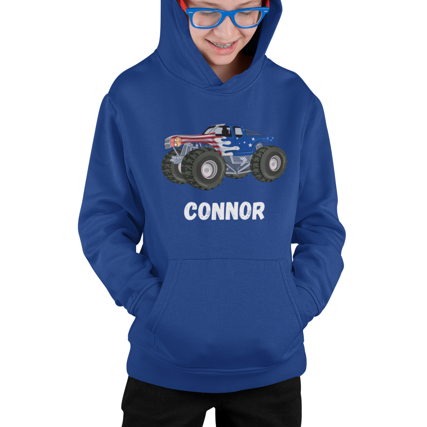 Royal Blue Kids American Flag Wrapped Monster Truck Hoodie 