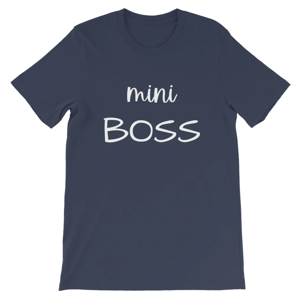 Child's Navy Blue premium cotton short sleeved t-shirt with white printed text; Mini BOSS