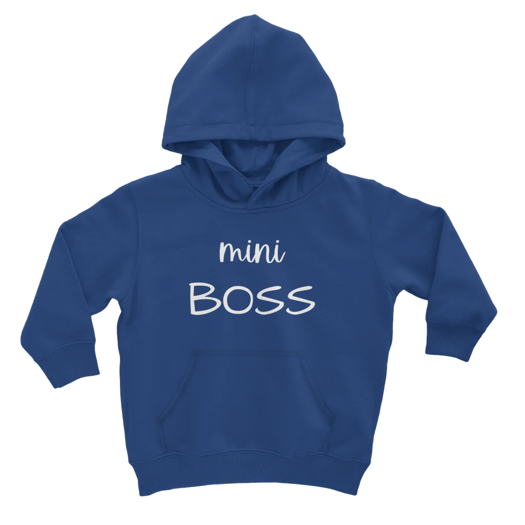 Childs bue hooded sweatshirt with the words 'mini BOSS' printed in white