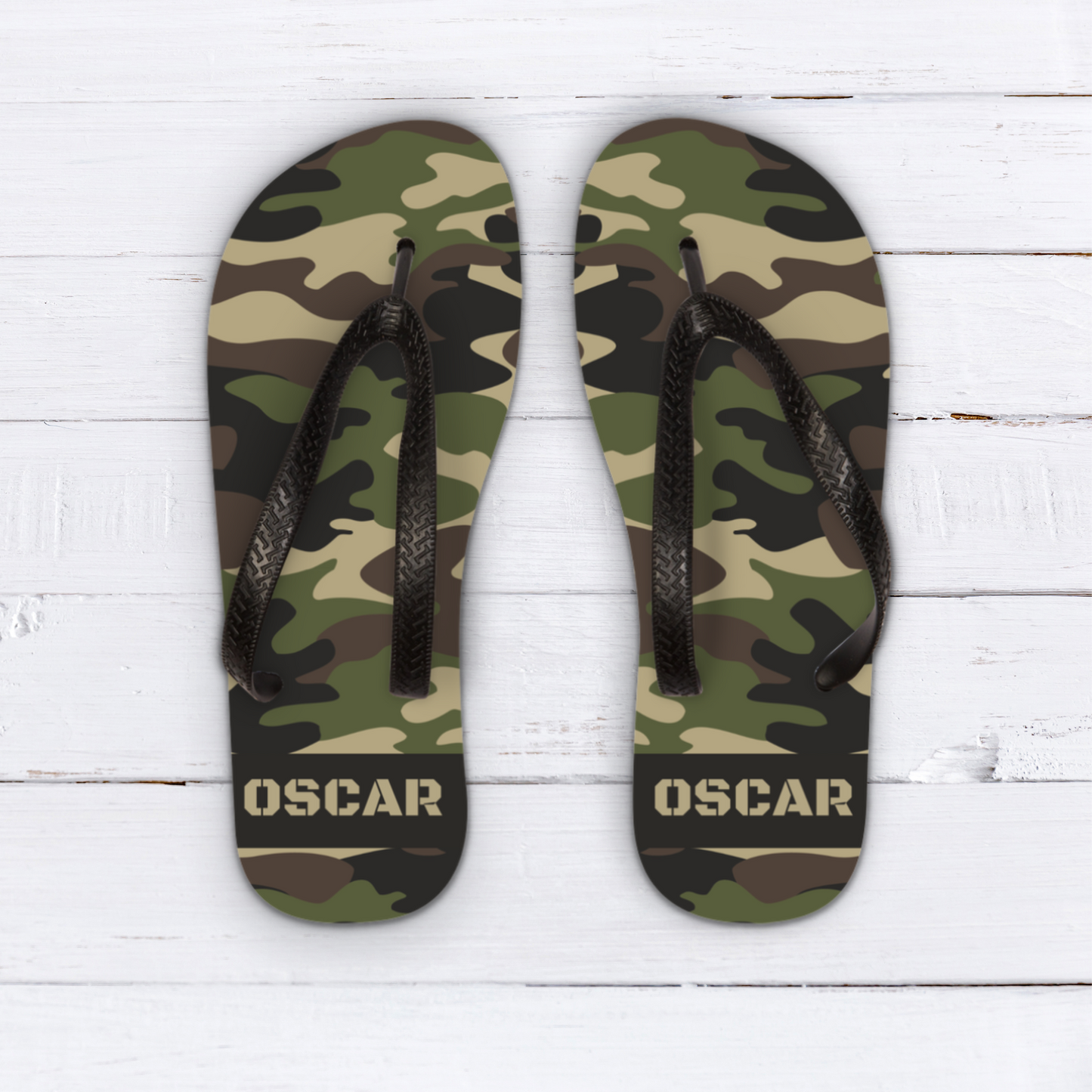 Kids camouflage personalised name flip flops