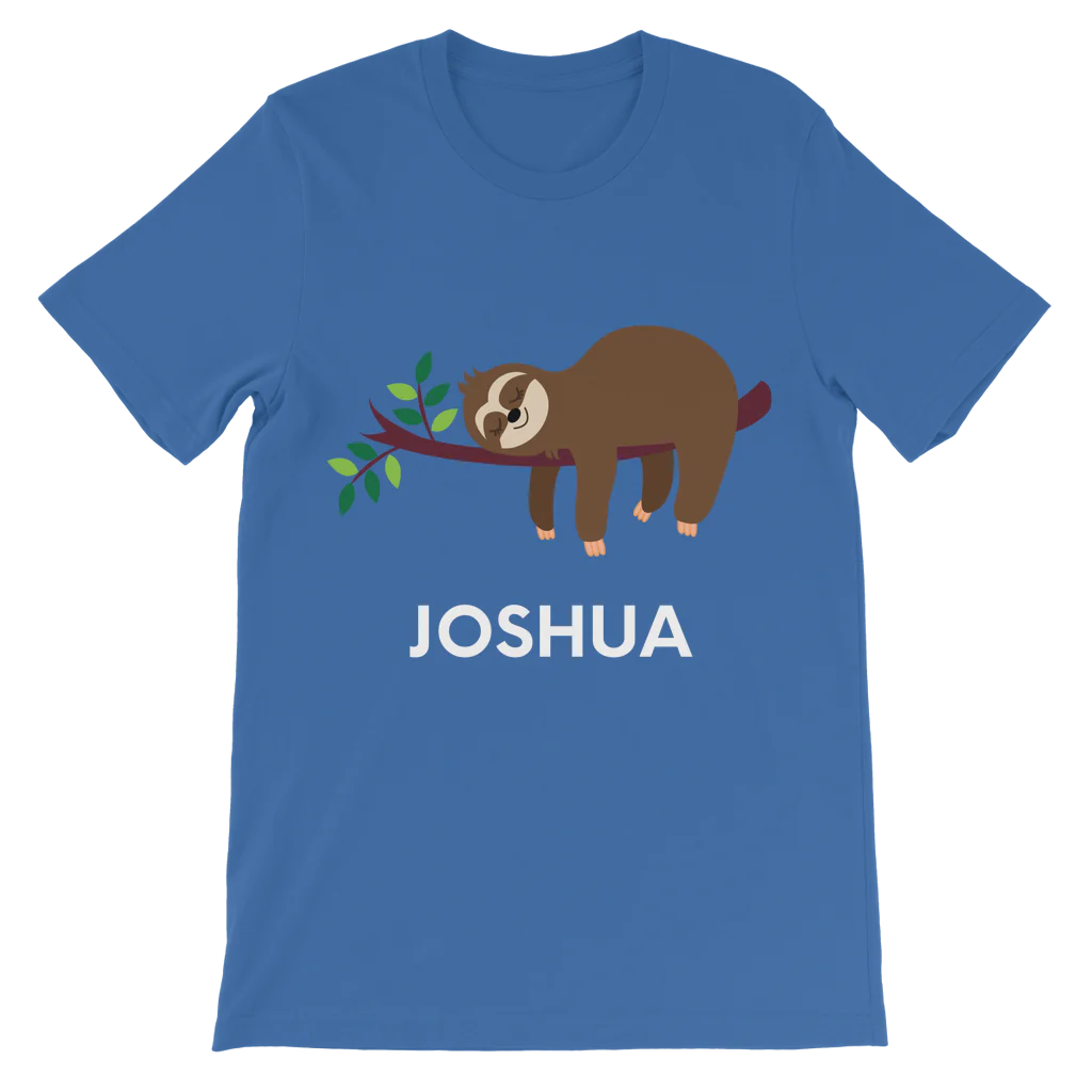 A blue short sleeve t-shirt with printed sloth and personalised name 