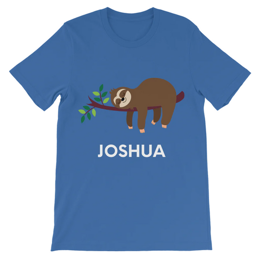 A blue short sleeve t-shirt with printed sloth and personalised name 