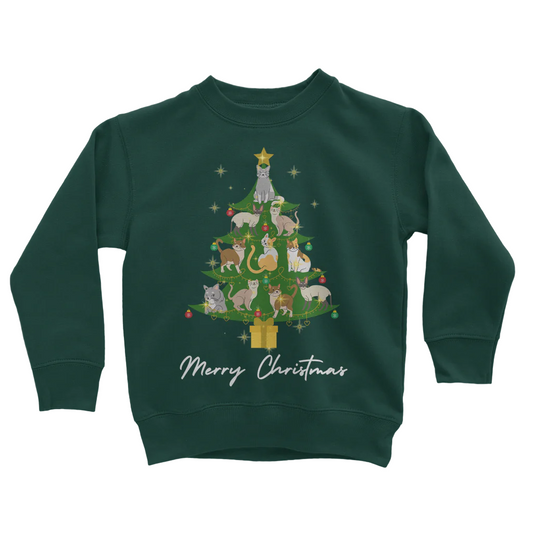 Kids Cat Christmas Tree Sweatshirt - Dark Green