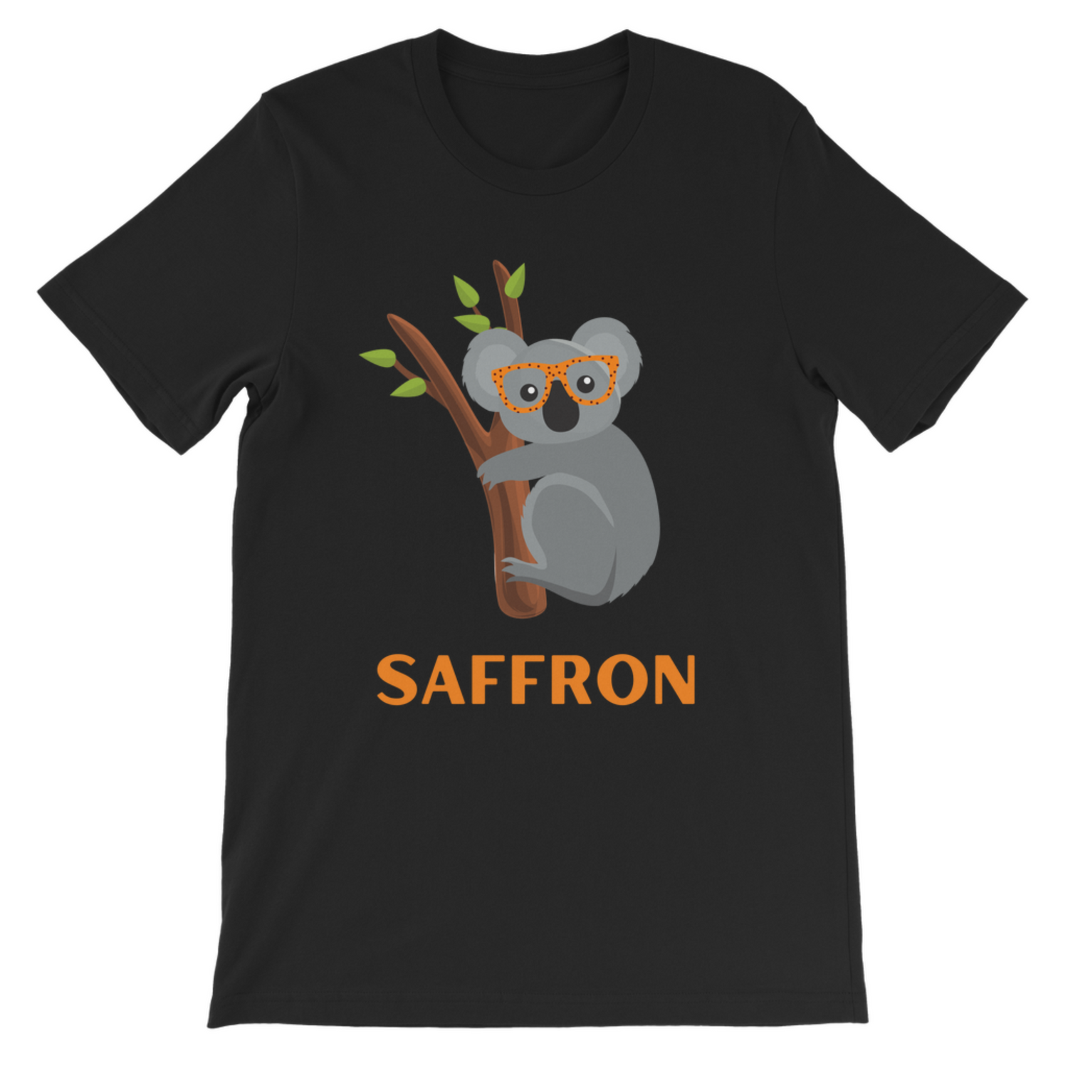 Girls black short sleeve t-shirt featuring a cute koala wearing orange spotted glasses sitting on a tree branch, personalised with name in bold orange text.