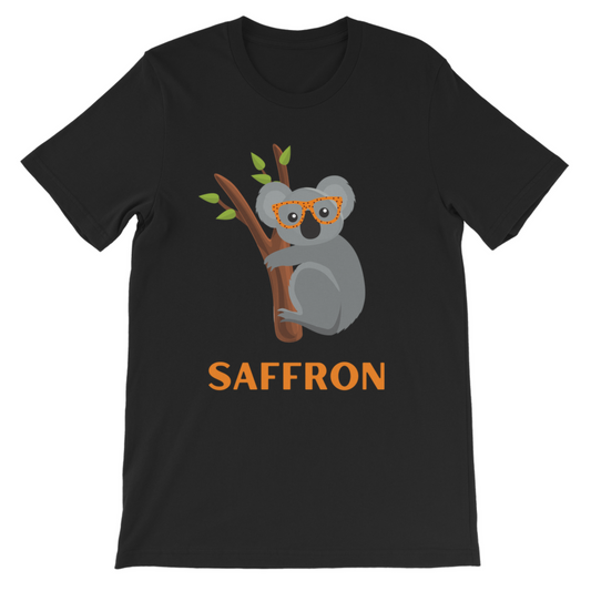 Girls black short sleeve t-shirt featuring a cute koala wearing orange spotted glasses sitting on a tree branch, personalised with name in bold orange text.