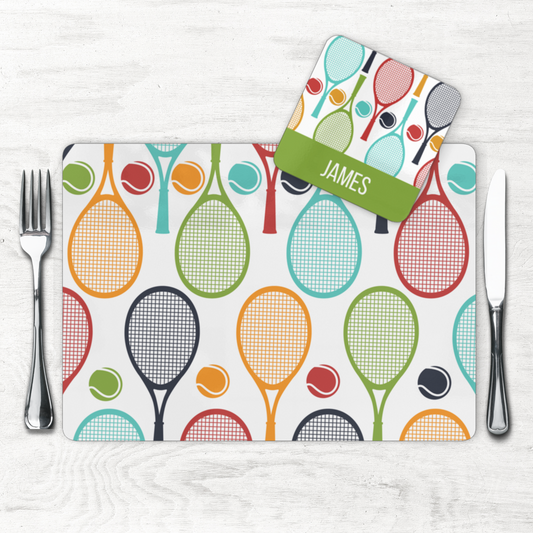 Tennis Pattern Large Cork-back Placemat and Personalised Drinks Coaster Set