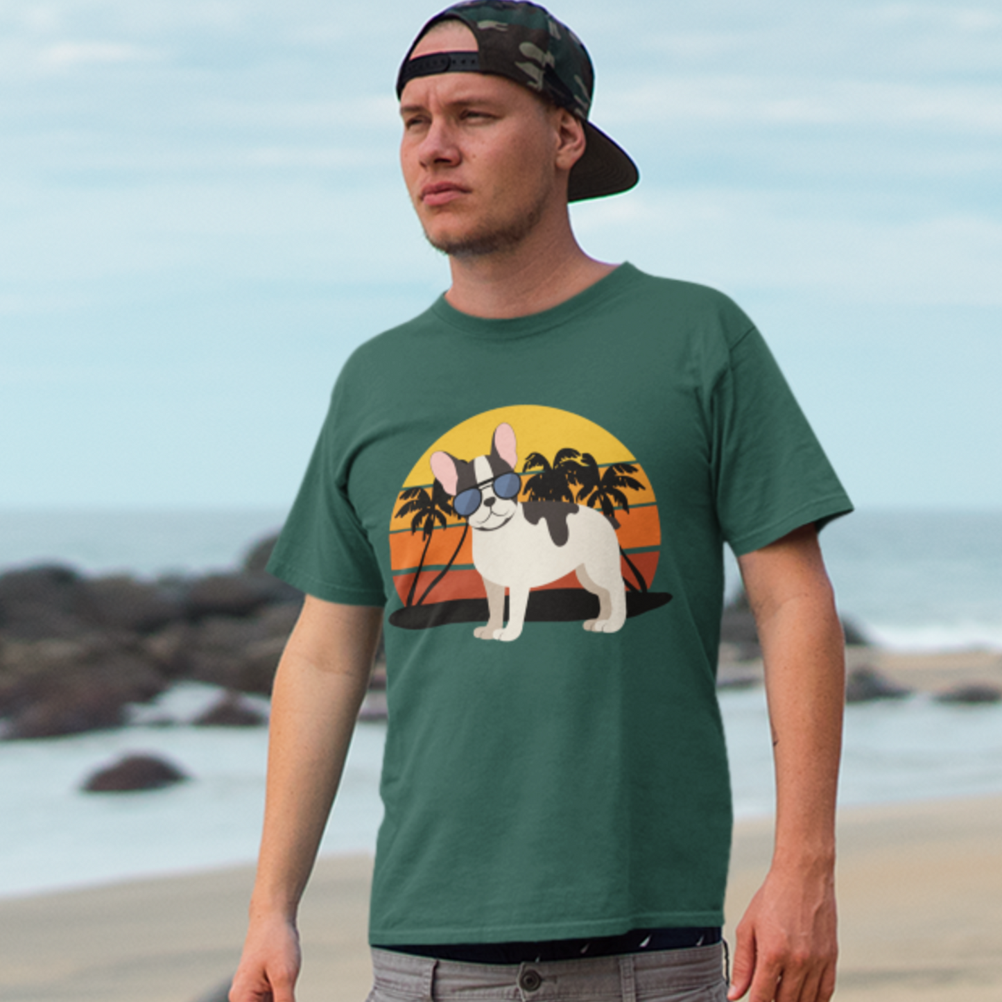 Men's 'Cool French Bulldog' wearing sunglasses Short Sleeved Cotton Dark Green T-shirt