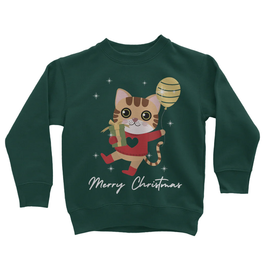 Girls Festive Cute Cat Christmas Sweatshirt | 3 -13 years