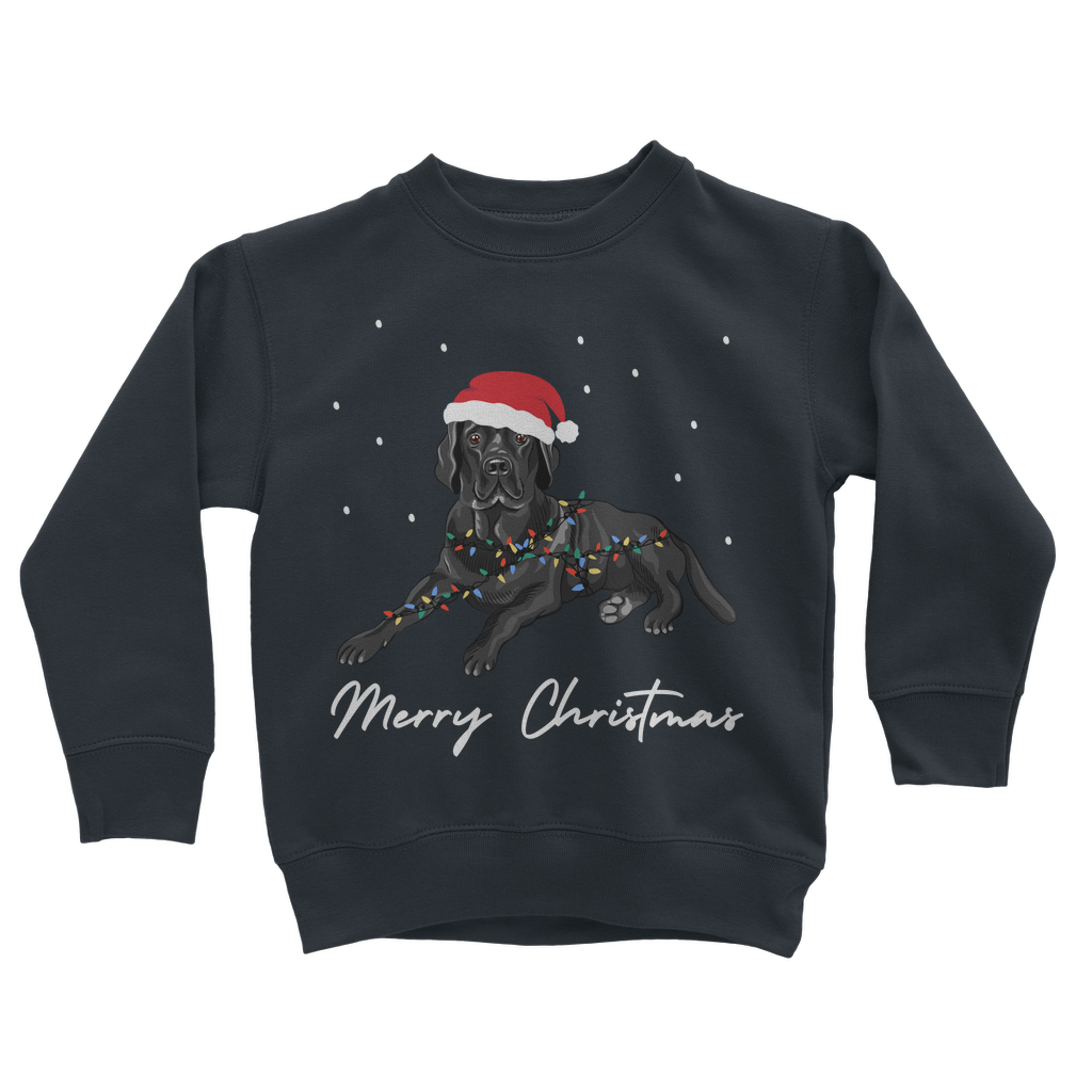 Kids navy Christmas sweatshirt featuring a black Labrador wearing a Santa hat and wrapped in colourful fairy lights, with "Merry Christmas" text underneath.