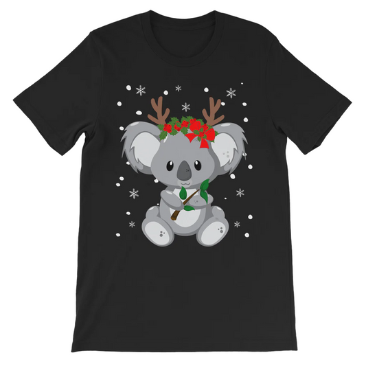 Grey Koala wearing Christmas antlers with falling snow, graphic print kids black t-shirt