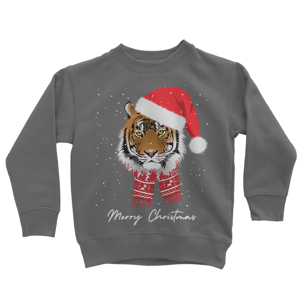 Kids grey sweatshirt with a festive design featuring a tiger's face with a Santa hat and scarf, and the text 'Merry Christmas'. 
