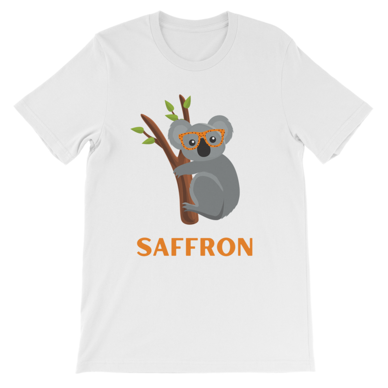 Girls white short sleeve t-shirt featuring a cute koala wearing orange spotted glasses sitting on a tree branch, personalised with name in bold orange text.