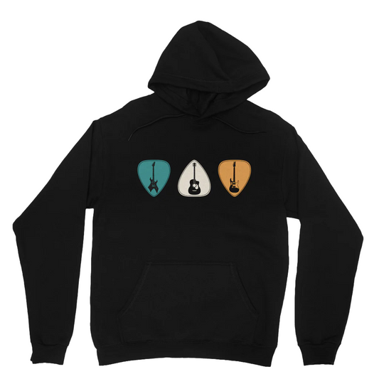 Adults black pullover hoodie with a vintage design of guitars and plectrums holding a real guitar.
