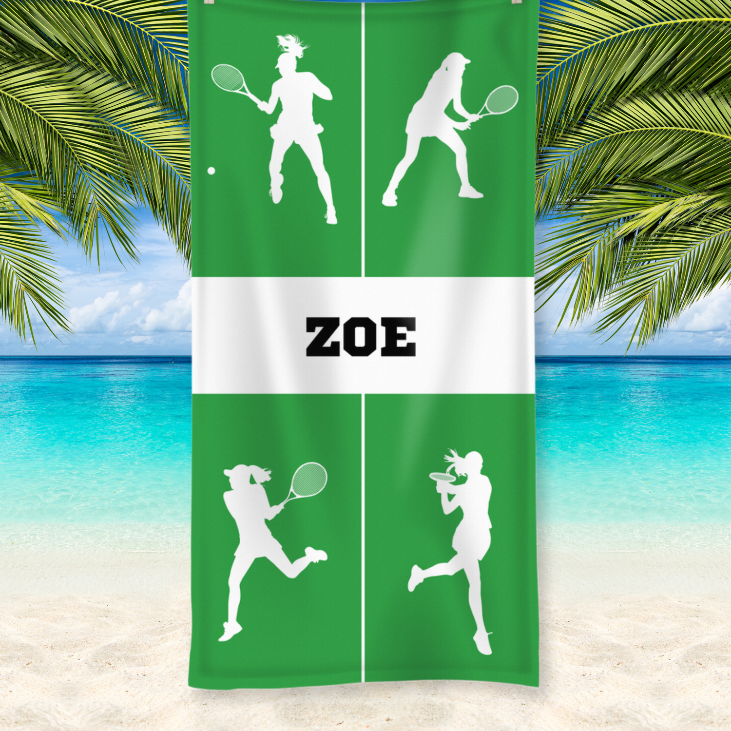 Green tennis court and women tennis player silhouettes personalised beach towel